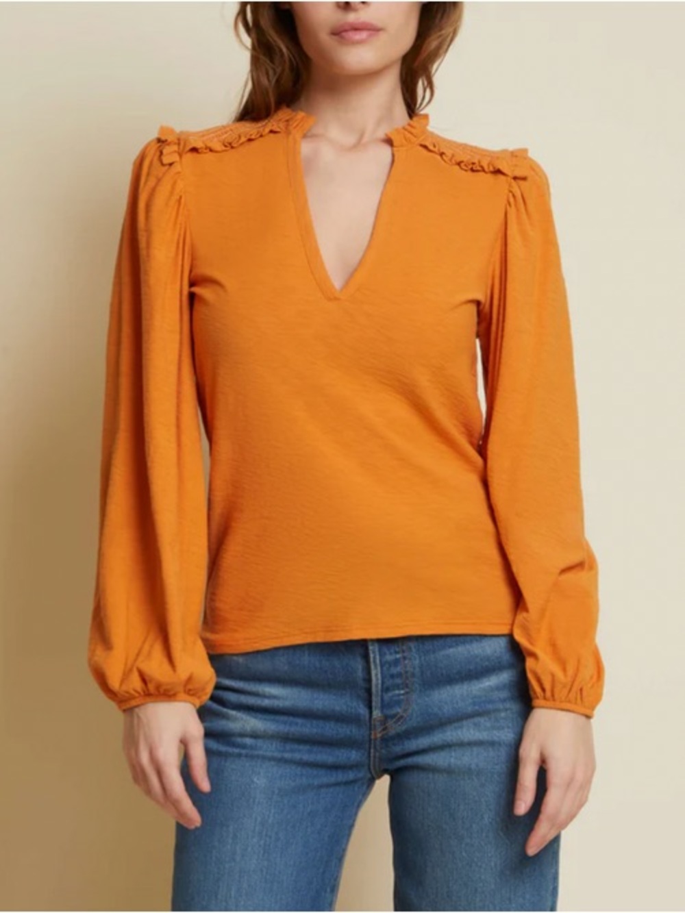 Nation LTD Dolly Smocked Shoulder Tee in Persimmon Orange Gold, Size Large (L)